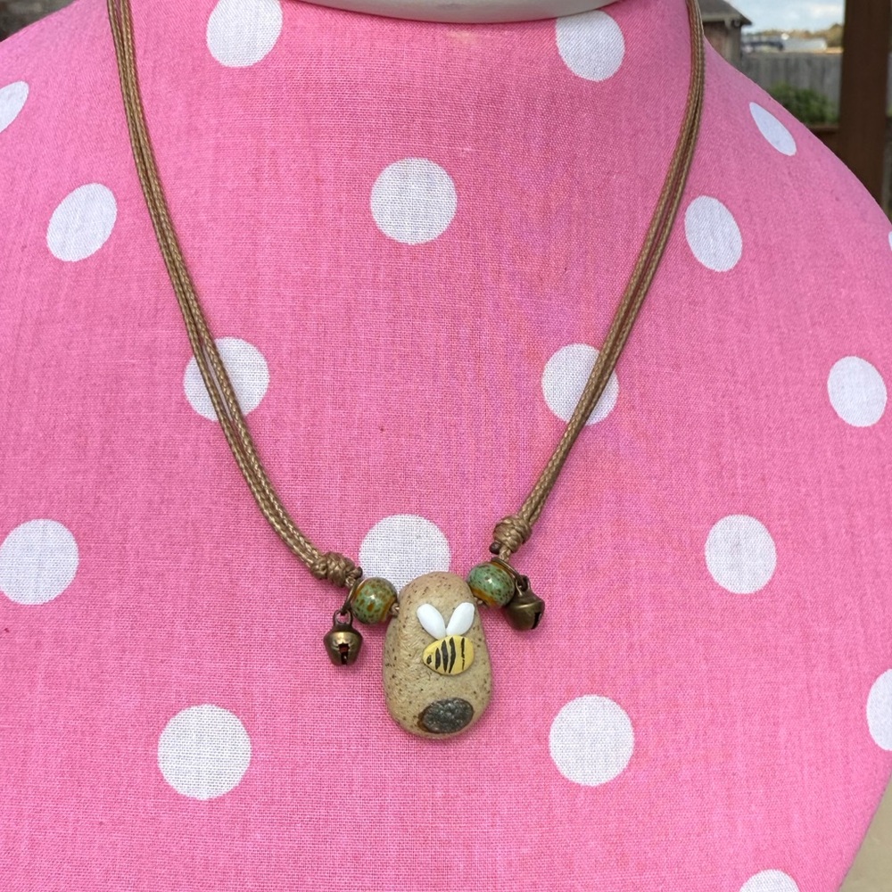 NWT! Natural Stone Pendant Bee Handmade Clay Necklace Leather Strap Adjustable